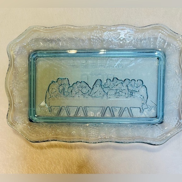 Vintage Blue Tiara Last Supper Bread Plate Platter Indiana Glass Tray Large - Picture 5 of 5
